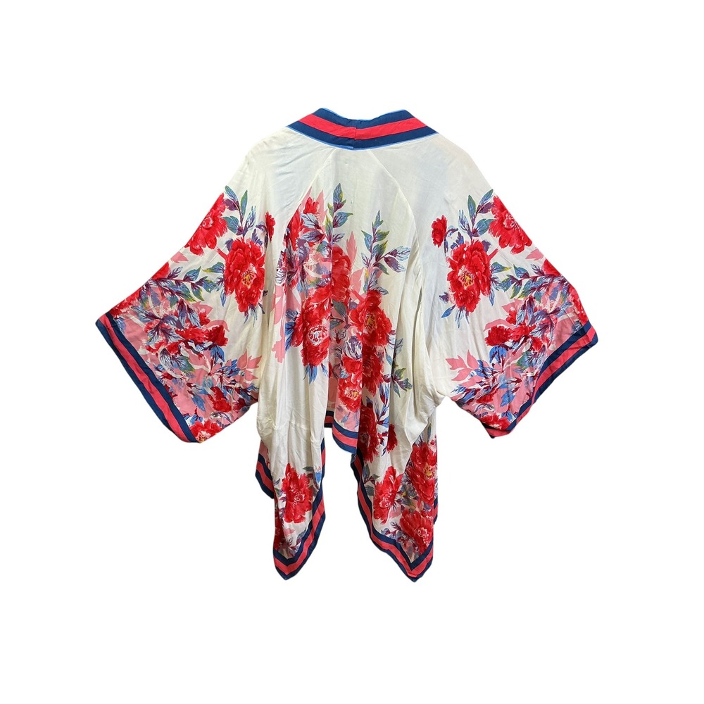 Flying Tomato Womens Floral Kimono Wrap Red Blue Striped Trim Rayon S/M - Picture 6 of 12